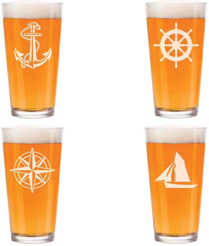 Set of 4 Glass 16 oz Beer Pint Anchor Boat Compass Nautical Collection