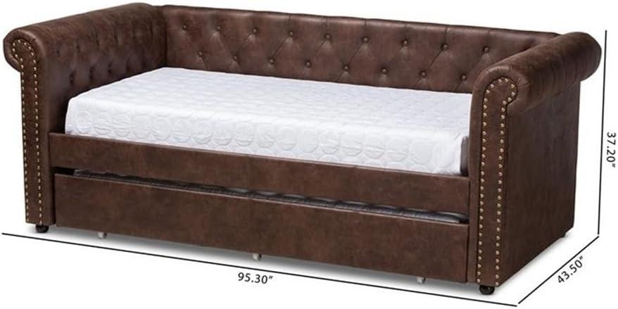 Baxton Studio Twin Brown Mabelle Faux Leather Daybed with Trundle: Upholstered, Wood Composite Frame, Polyester Fill