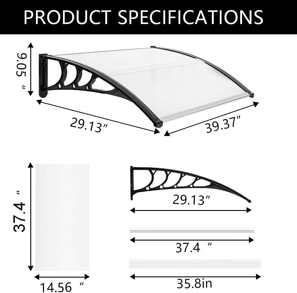 QuellQuest Window Awning Door Canopy Exterior, 30" x 40" Awnings for Doors Polycarbonate Cover Patio Door Awning Rain Snow Sunlight Protection Hollow Sheet (Clear Board & Black Bracket)