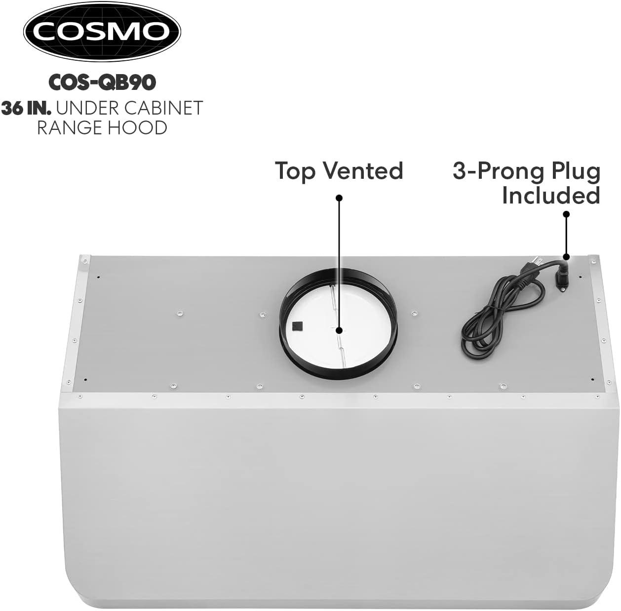 Cosmo 36 in. Ducted Under Cabinet Range Hood in Stainless Steel with Push Button Controls, Permanent Filters, LED Lights