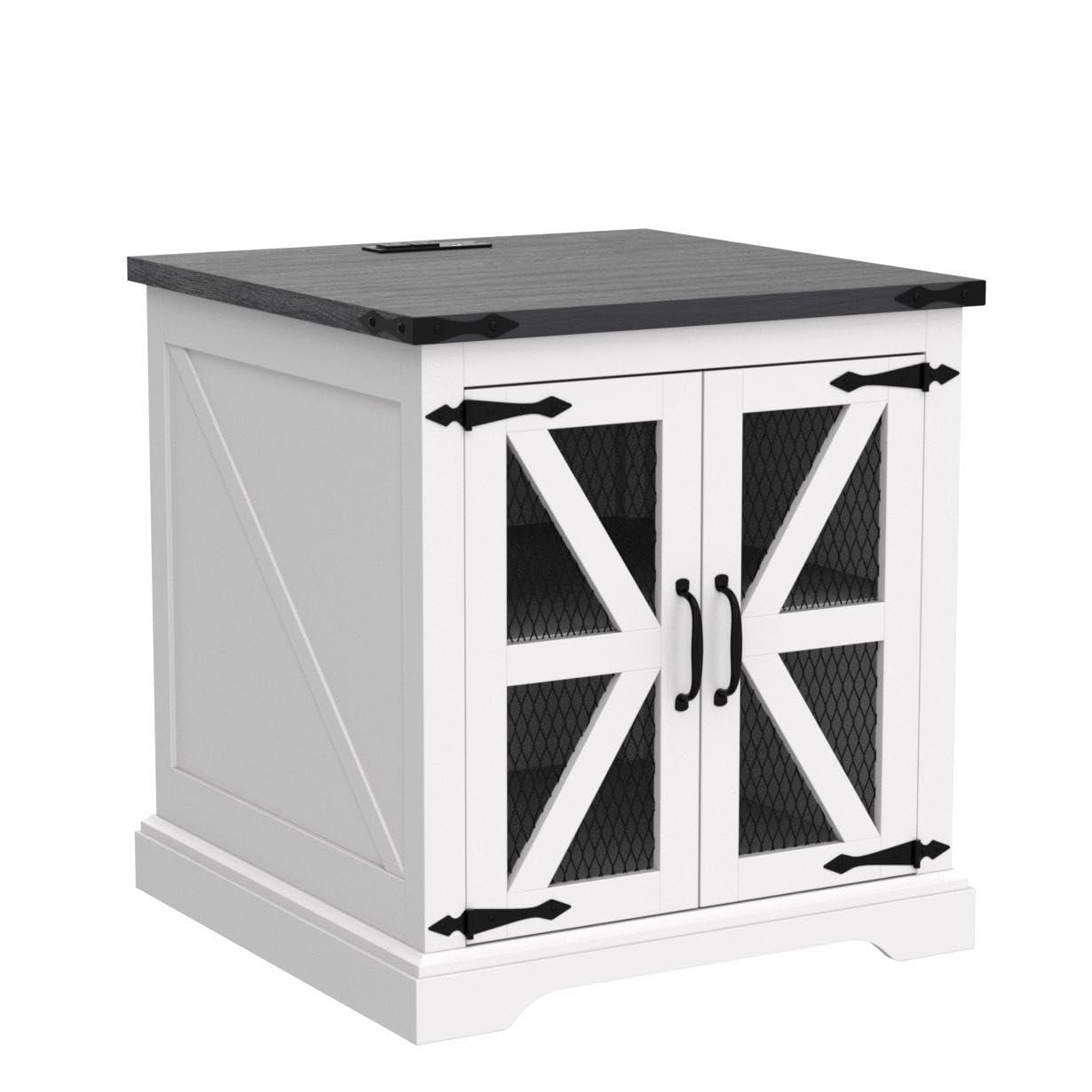 JXQTLINGMU Farmhouse End Table, 24" Large Sofa Side Table with Charging Station, Mesh Barn Door, and Adjustable Storage Shelf, Rustic Wood Square Nightstand for Living Room, Bedroom, Office, White