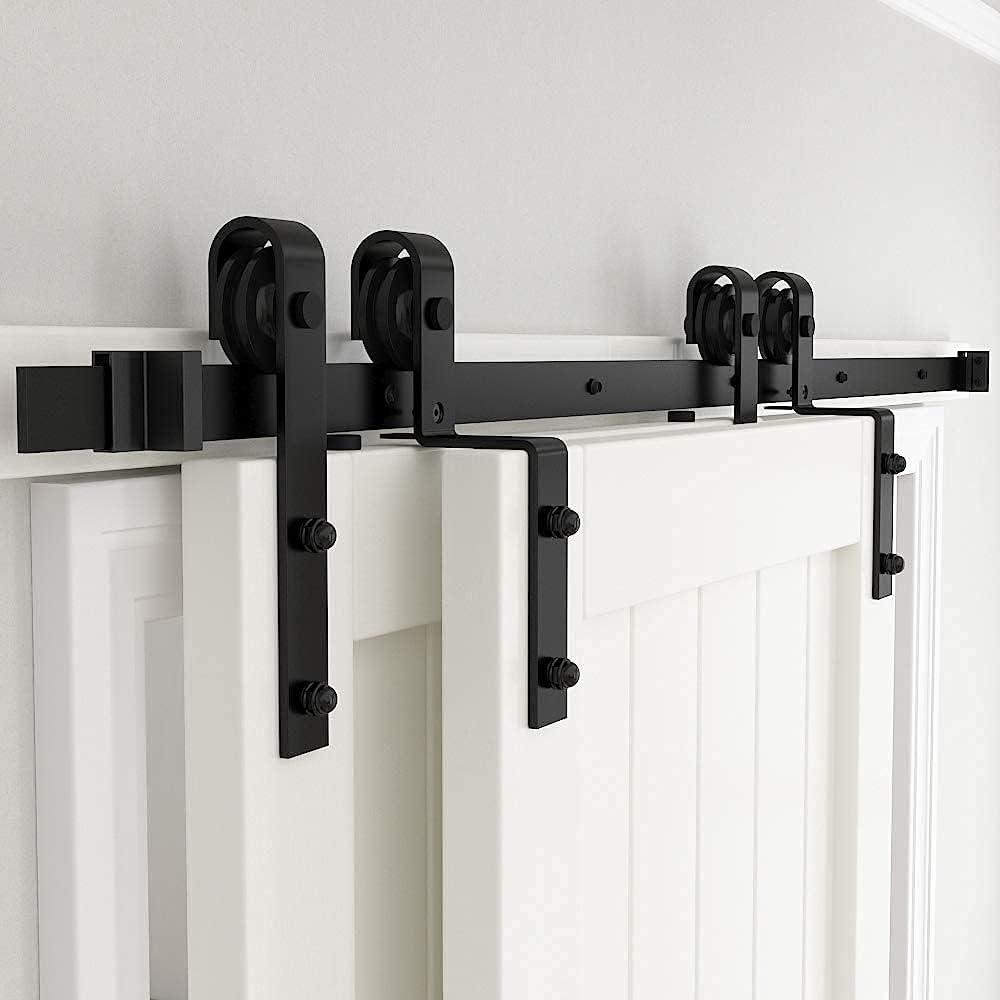 skysen 5.5FT Heavy Duty Sliding Barn Door Hardware Single Track Bypass Double Door Kit Black(Bypass J Shape-1)