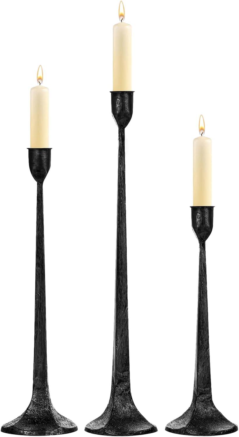 Tall Black Cast Iron Taper Candle Holder Set