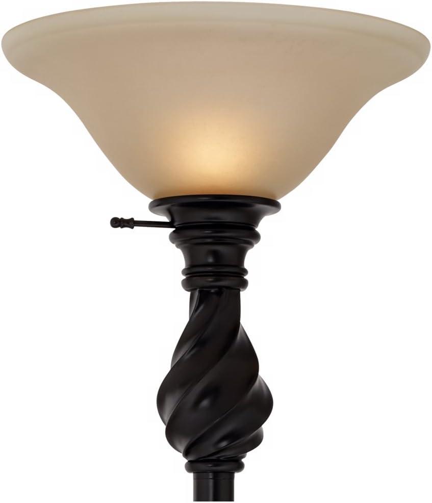 Regency Hill Traditional Torchiere Floor Lamp 70" Tall Hand Applied Black Bronze Swirl Font Amber Glass Shade for Living Room Uplight