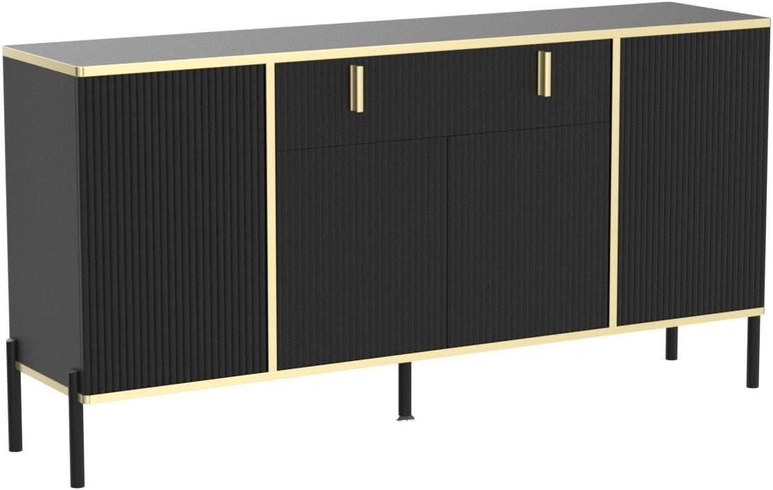 Black and Gold Modern Sideboard with Pop-Up Doors and Drawer