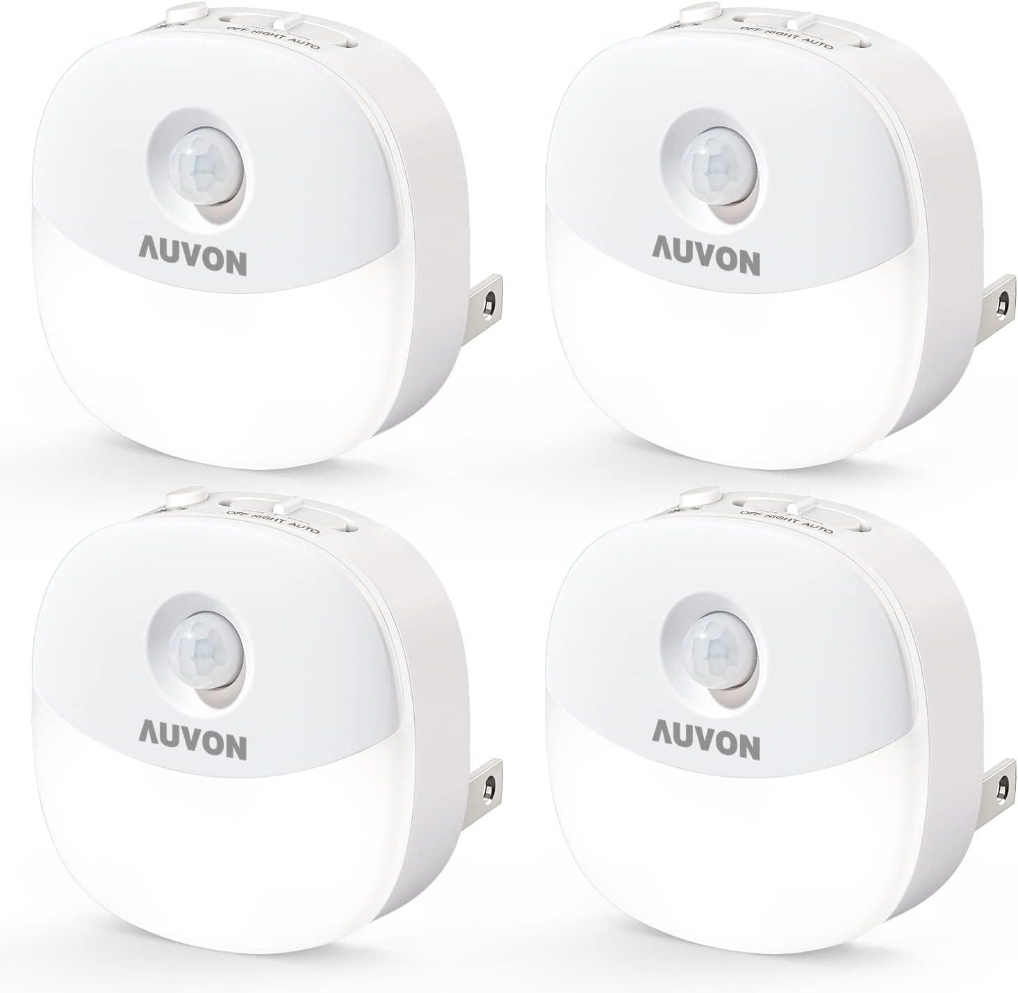 AUVON Plug in Night Light with Motion Sensor and Dusk to Dawn Sensor, Mini Warm White LED Nightlight with 1-50 lm Adjustable Brightness for Bathroom, Hallway, Stairs, Bedroom, Kitchen (4 Pack)