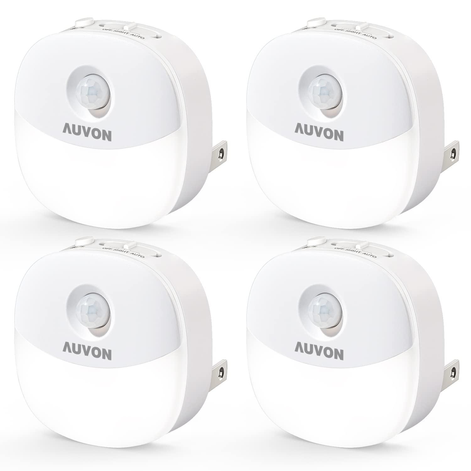 AUVON Plug in Night Light with Motion Sensor and Dusk to Dawn Sensor, Mini Warm White LED Nightlight with 1-50 lm Adjustable Brightness for Bathroom, Hallway, Stairs, Bedroom, Kitchen (4 Pack)