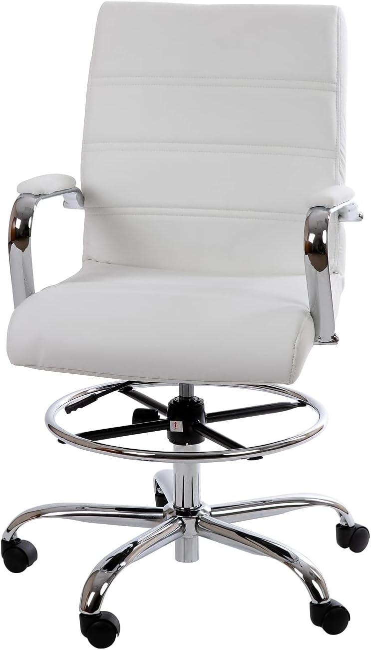 Modern White LeatherSoft Swivel Drafting Chair with Chrome Base