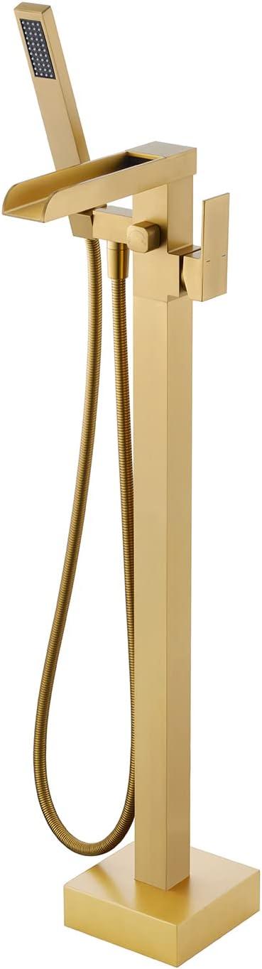 AlenArtWater Waterfall Tub Filler Freestanding Bathtub Faucet Floor Mount Brass Single Handle Bathroom Faucets with Hand Shower 94-LJQKCZ