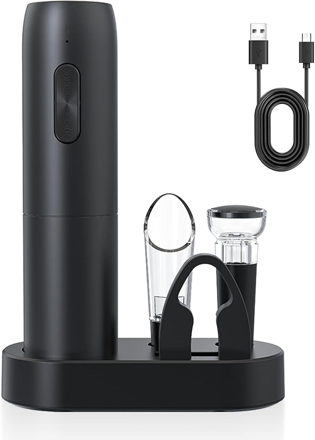 Electric Wine Opener Set, Rechargeable Electric Wine Bottle Opener With Charging Base, Foil Cutter, Wine Aerator And Vacuum Stopper, Gifts For Wine Lovers, Black
