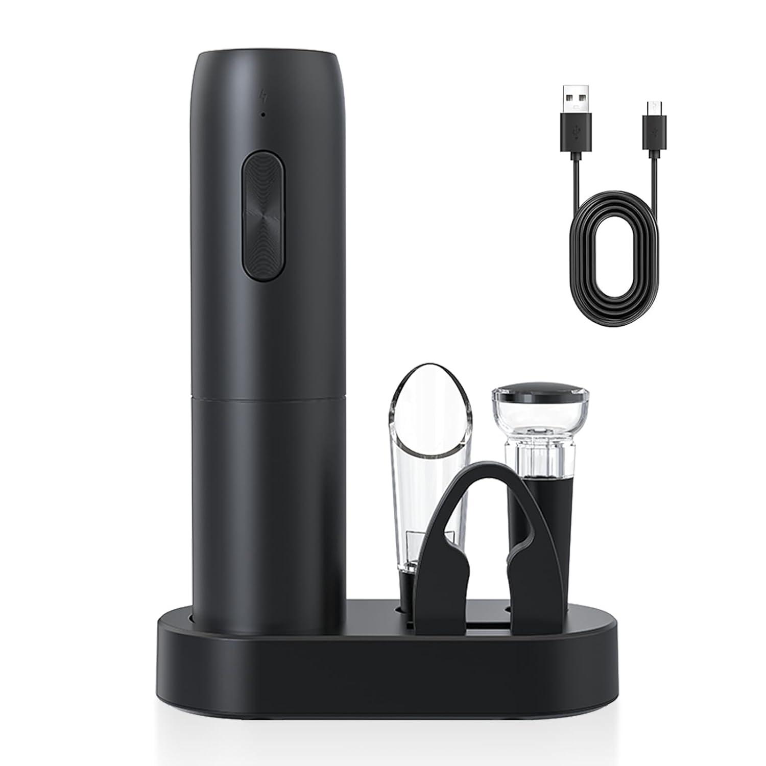 Electric Wine Opener Set, Rechargeable Electric Wine Bottle Opener With Charging Base, Foil Cutter, Wine Aerator And Vacuum Stopper, Gifts For Wine Lovers, Black
