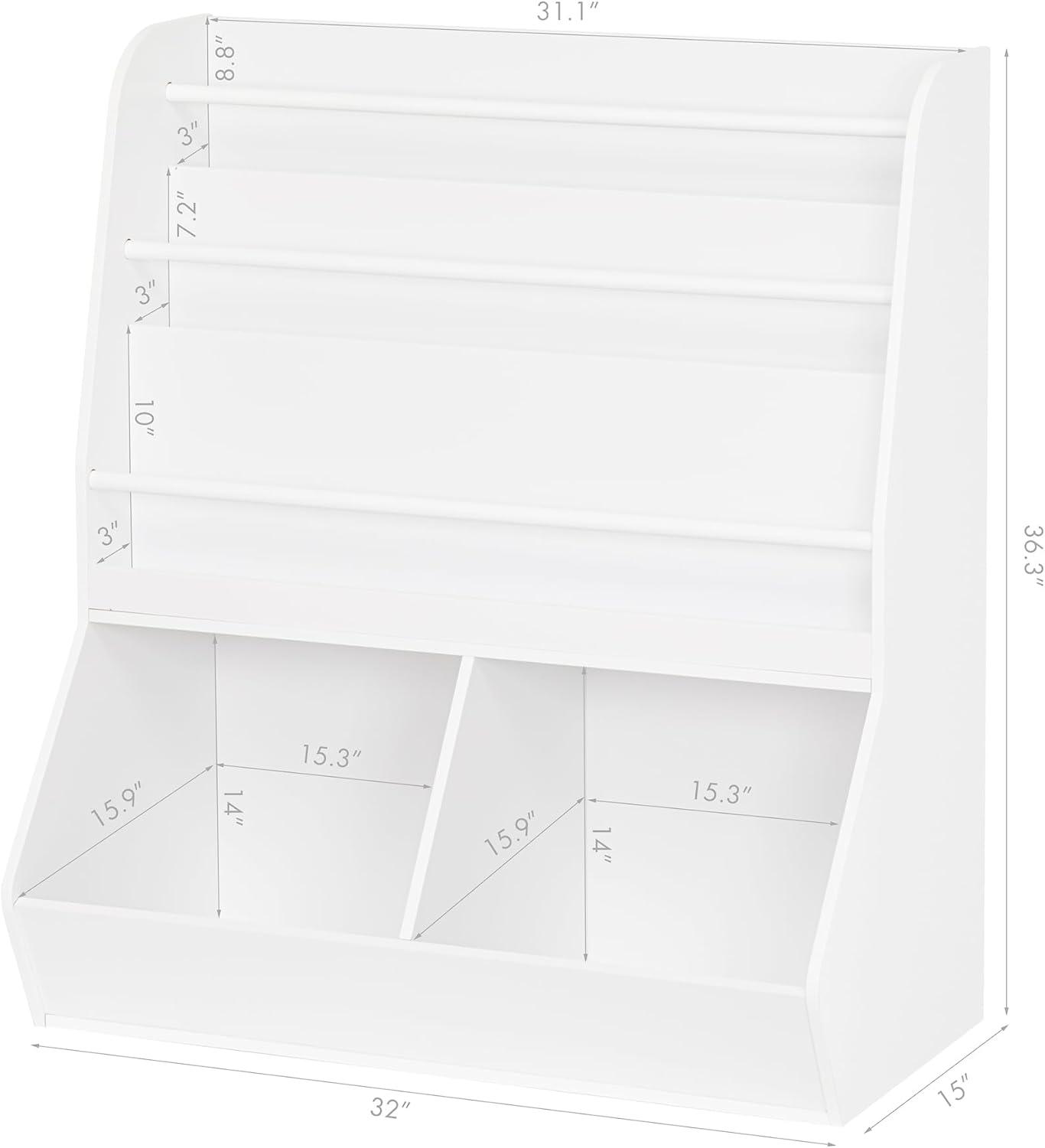 UTEX Kids Bookshelf Toy Organizer with Rolling Toy Box, White, 23.62” W x 11.8” D x 35.43” H