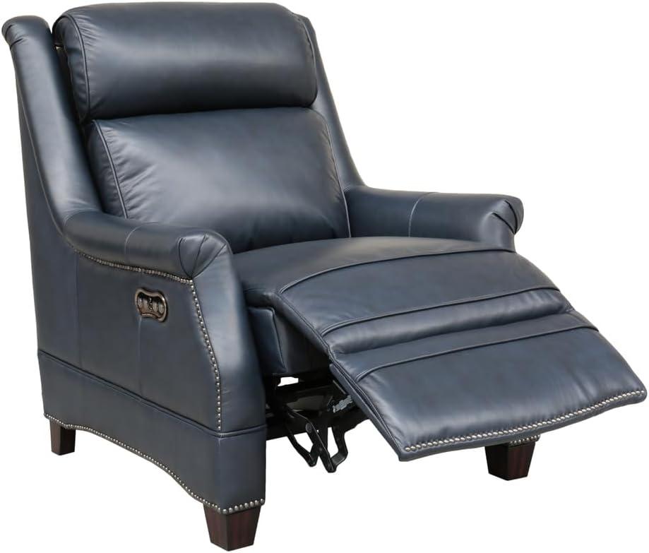 Shoreham Blue Leather Power Recliner with Nailhead Trim