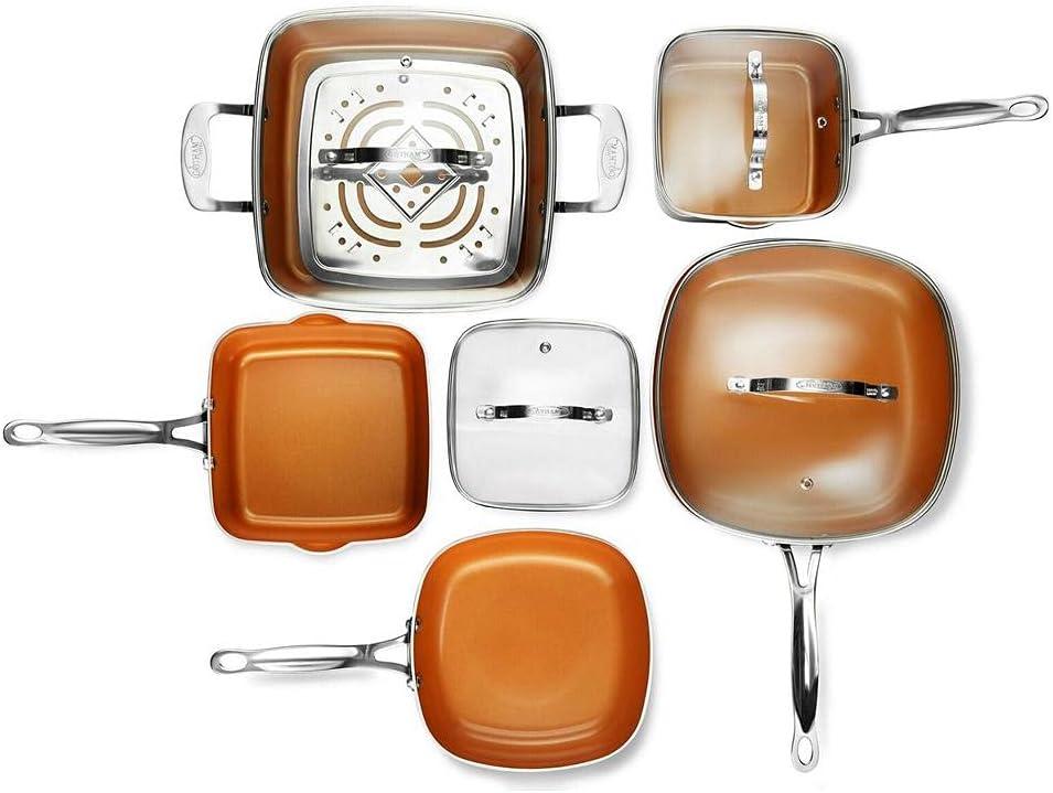 Gotham Steel Pots and Pans Set, 10 Piece Square Design with Ultra Nonstick Ceramic Coating, Includes Skillets, Sauce Pan, Stock Pot, Stainless Steel Steamer, Dishwasher Safe, Graphite