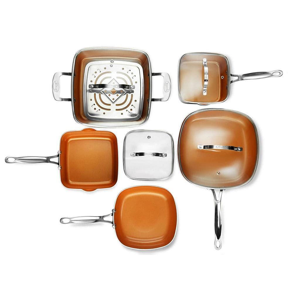 Gotham Steel Pots and Pans Set, 10 Piece Square Design with Ultra Nonstick Ceramic Coating, Includes Skillets, Sauce Pan, Stock Pot, Stainless Steel Steamer, Dishwasher Safe, Graphite