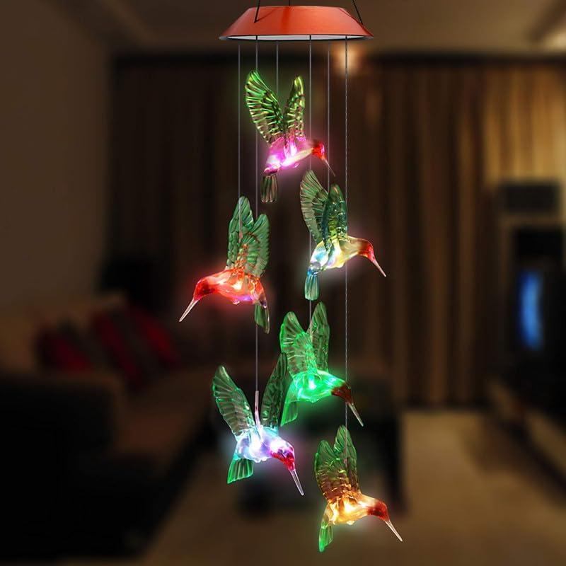 Solar Mobile Wind Chime with Color-Changing LED Lights - Waterproof Hummingbird Wind Chimes for Home, Party, Garden Decoration (Copper Board Hummingbird)