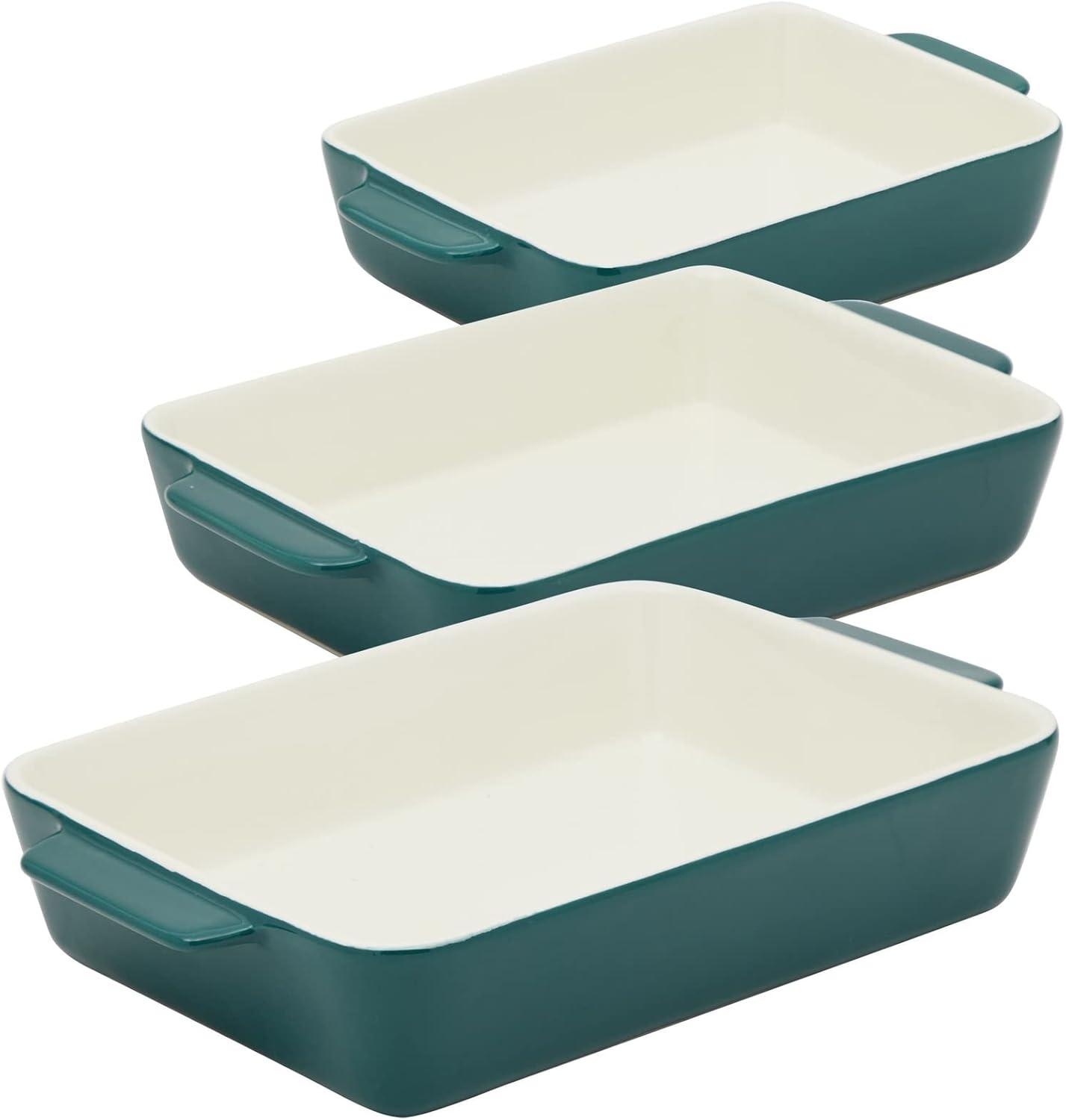 Juvale 3 Piece Green Casserole Dishes for Oven Use, Baking, Rectangular Ceramic Bakeware Set in Assorted Sizes