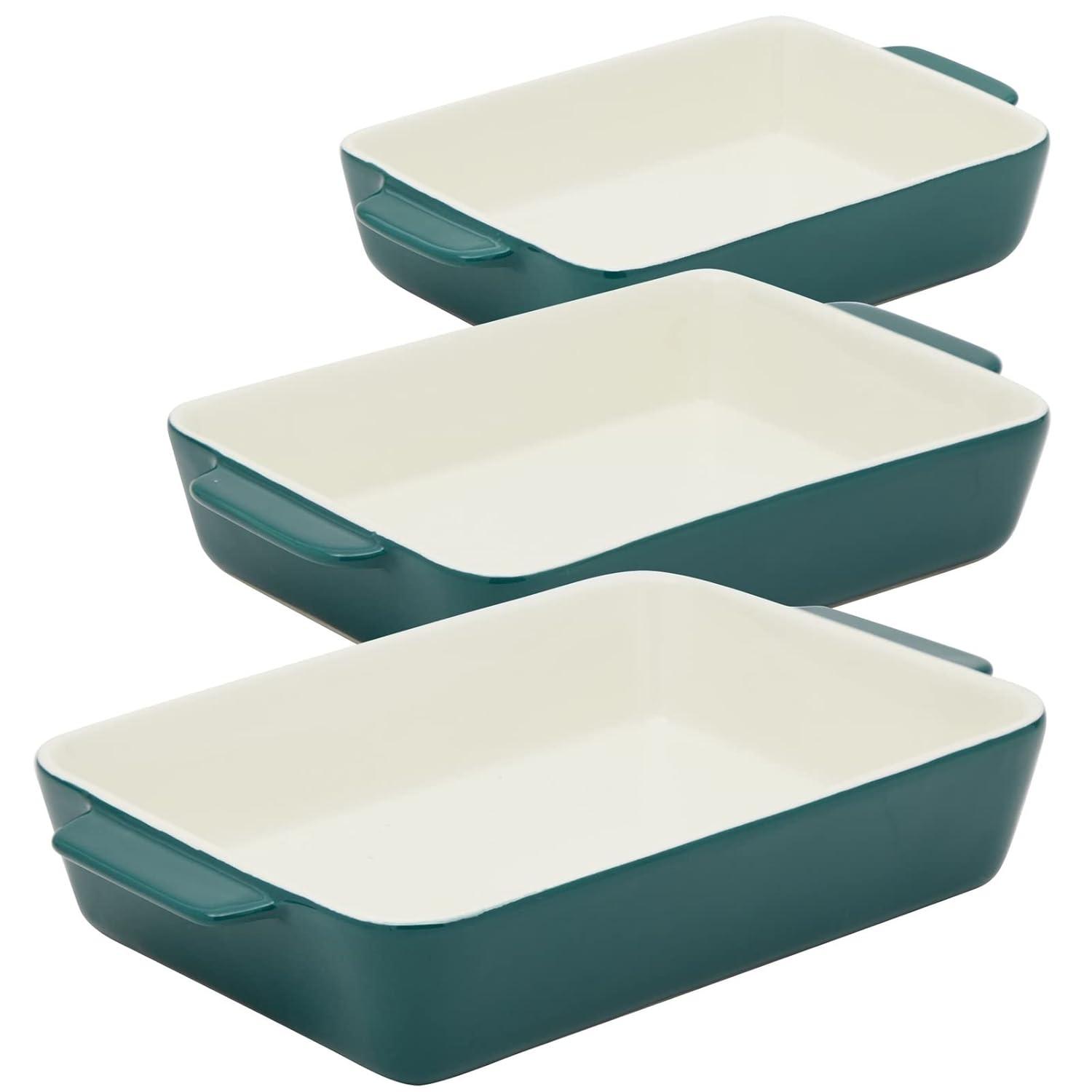 FETLOD 3 Piece Green Casserole Dishes For Oven Use, Baking, Rectangular Ceramic Bakeware Set In Assorted Sizes