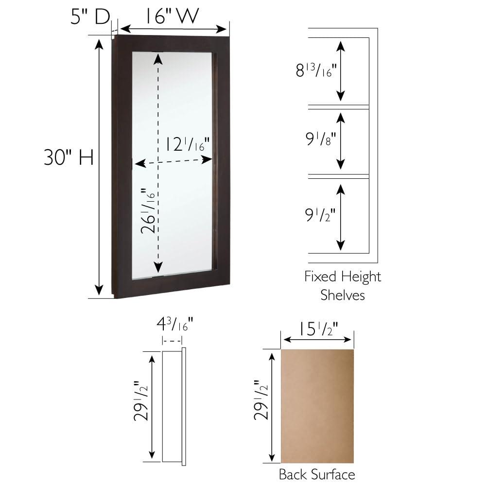 Design House 16" x 5" x 30" Wall Mounted 1-Door Mirrored Bathroom Medicine Cabinet, Espresso