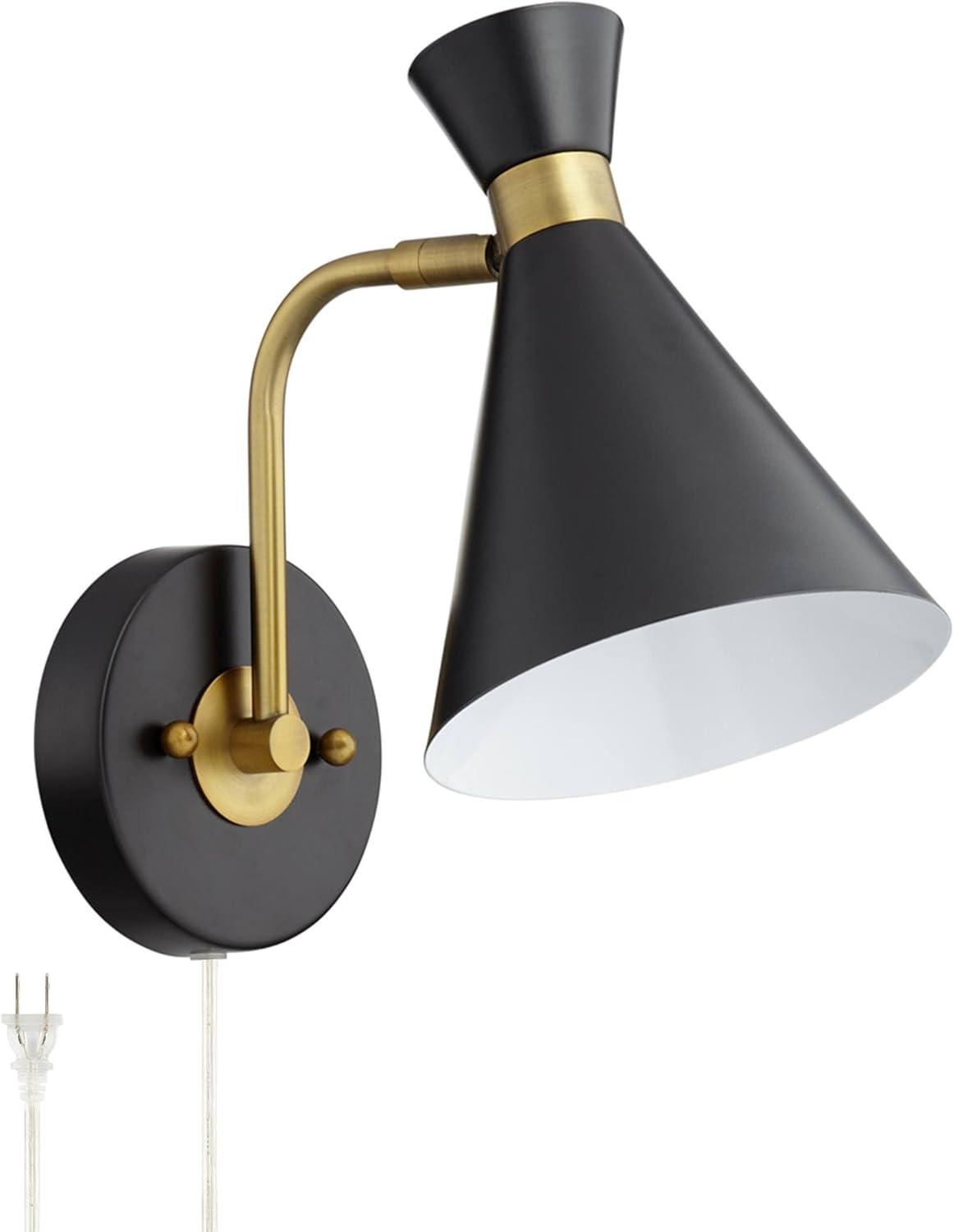 360 Lighting Venice Mid Century Modern Wall Lamp Matte Black Brass Plug-in 6 1/4" Light Fixture Adjustable Metal Cone Shade for Bedroom Living Room