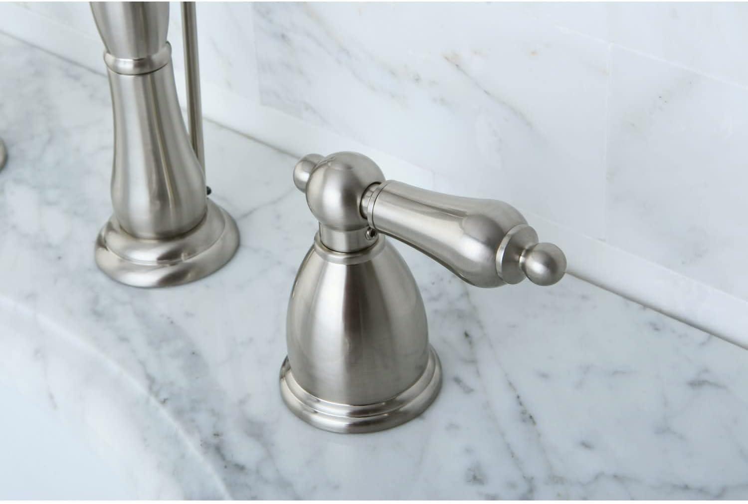 Kingston Brass Heritage Two-Handle 3-Hole Deck Mount Widespread Bathroom Faucet with Pop-Up Drain