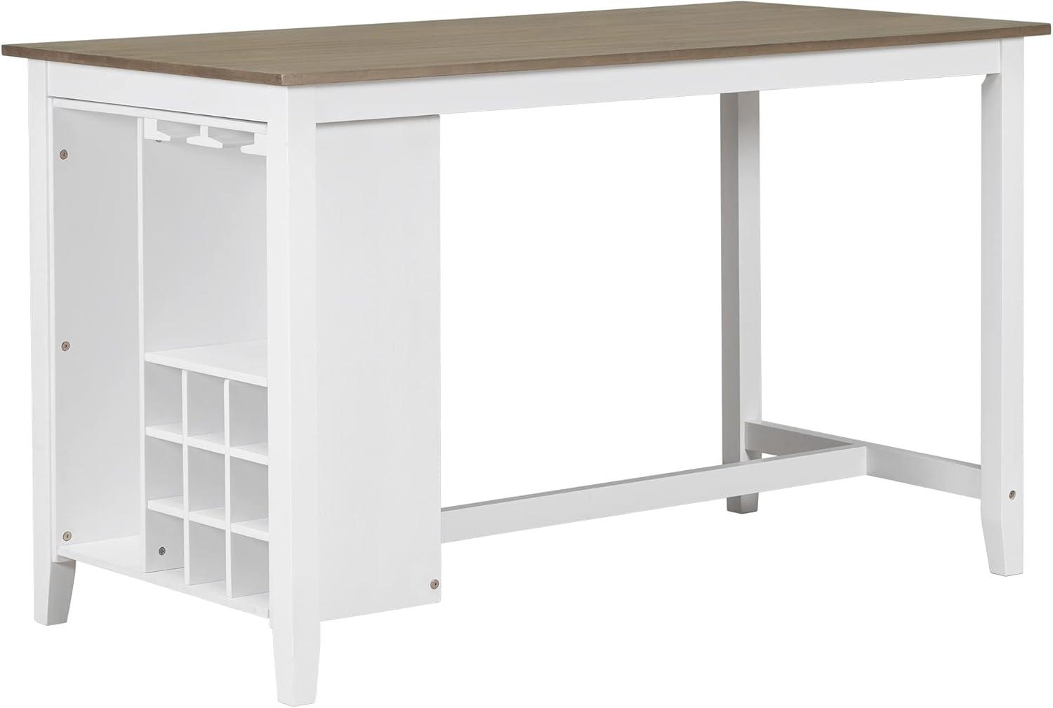 TREXM 5-Piece Multi-Functional Rubber Wood Counter Height Dining Set with Padded Chairs and Integrated 9 Bar Wine Compartment, Wineglass Holders for Dining Room (Brown + White Wash)