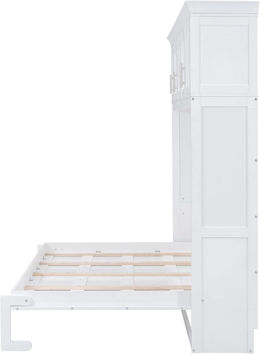 White Queen Size Murphy Bed with Storage Cabinets and Slats