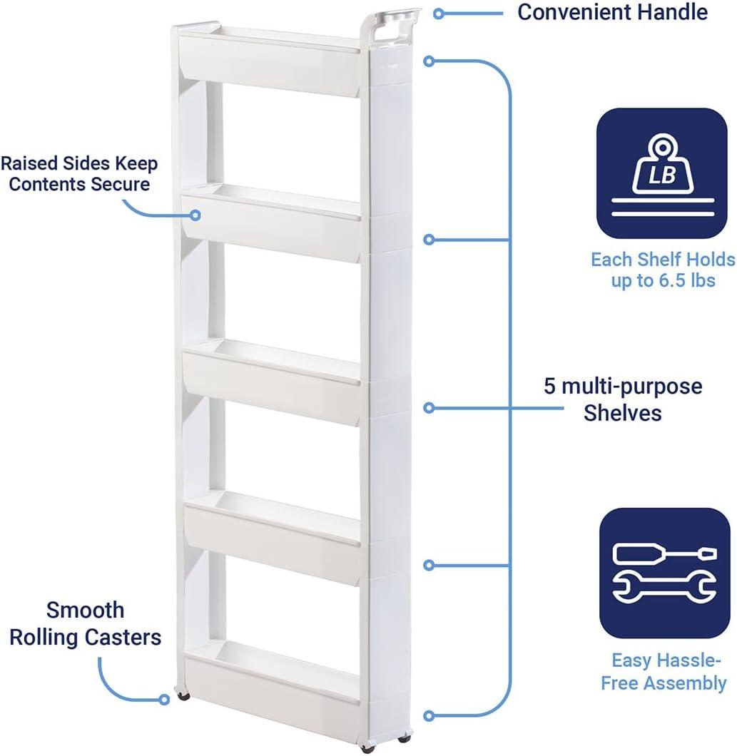 White 5-Tier Slim Rolling Storage Cart