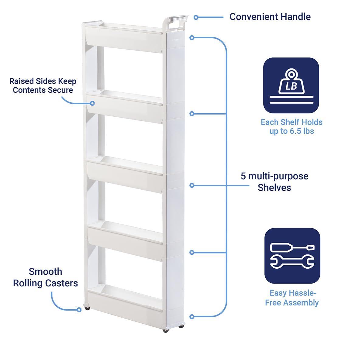 White 5-Tier Slim Rolling Storage Cart
