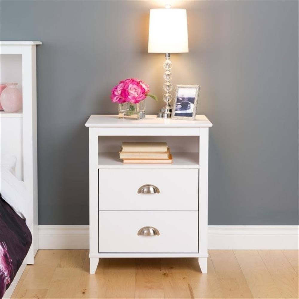 Prepac Yaletown 2 Drawer Nightstand White: Modern Rectangular Bedside Furniture, Wood Composite Construction