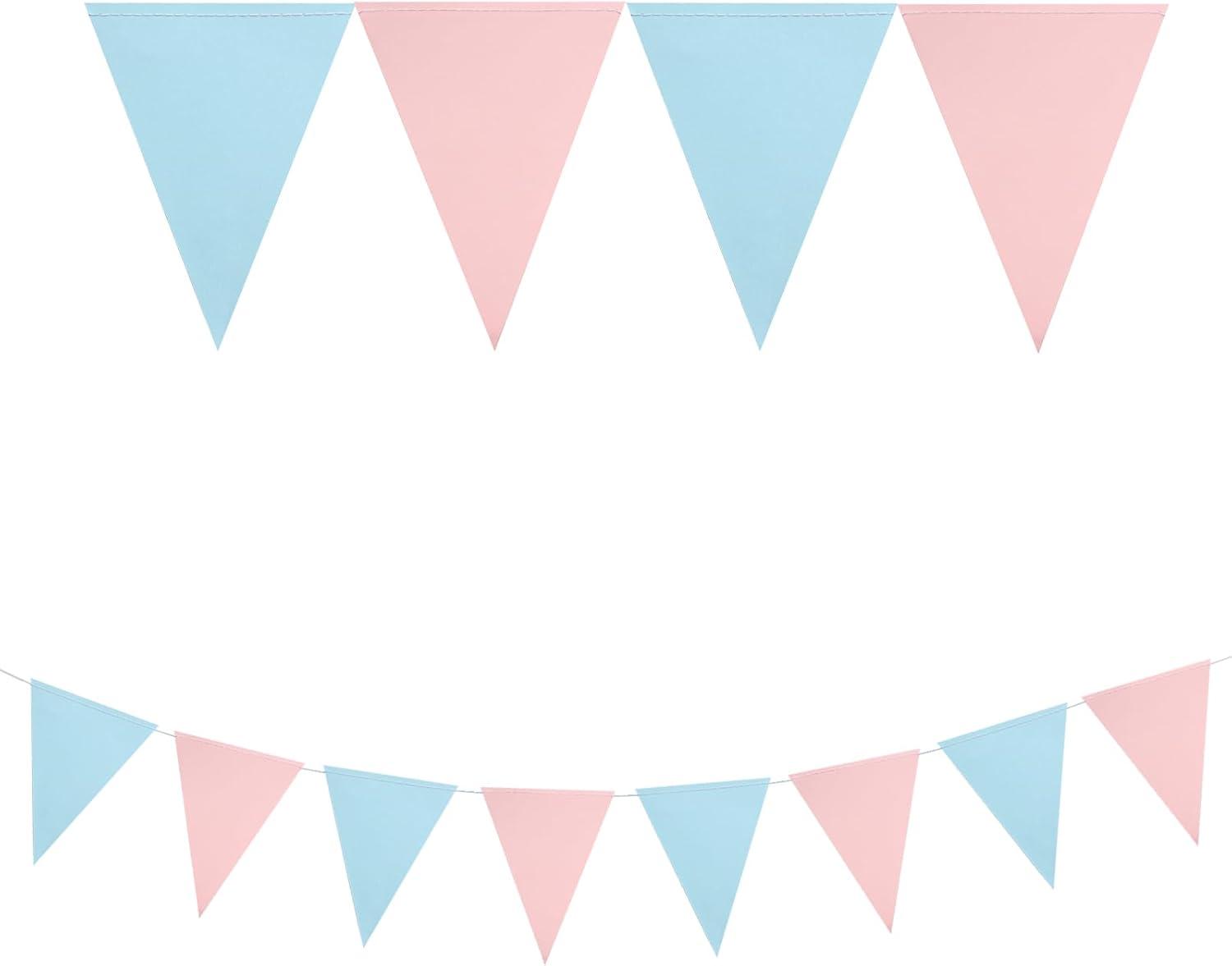 Mefuny 30 Feet Gender Reveal Pennant Banner 48PCS Light Blue and Pink Paper Triangle Flags Hanging Decor for Baby Shower Boy or Girl Gender Reveal Party Backdrop Birthday Party Nursery Decorations