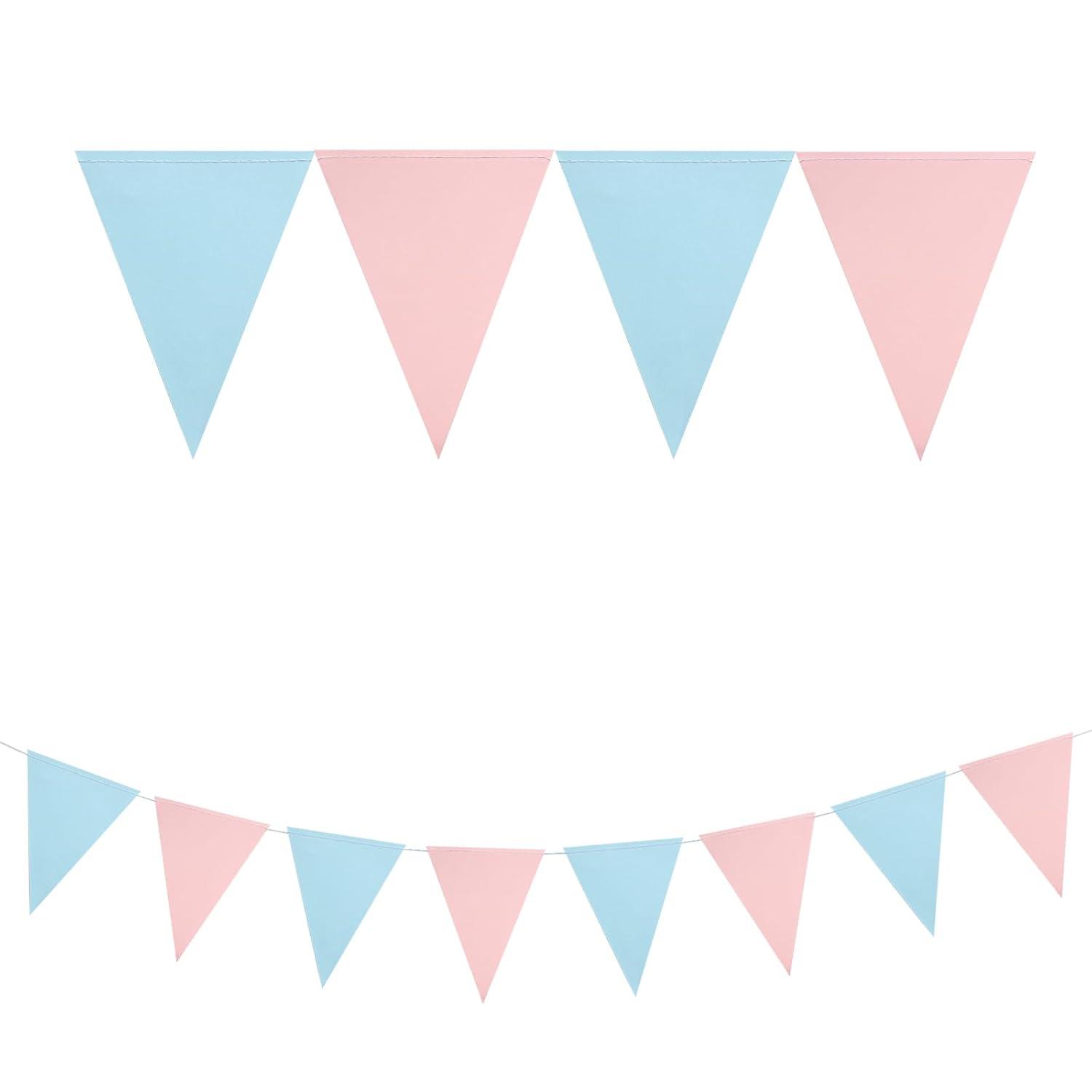 Mefuny 30 Feet Gender Reveal Pennant Banner 48PCS Light Blue and Pink Paper Triangle Flags Hanging Decor for Baby Shower Boy or Girl Gender Reveal Party Backdrop Birthday Party Nursery Decorations