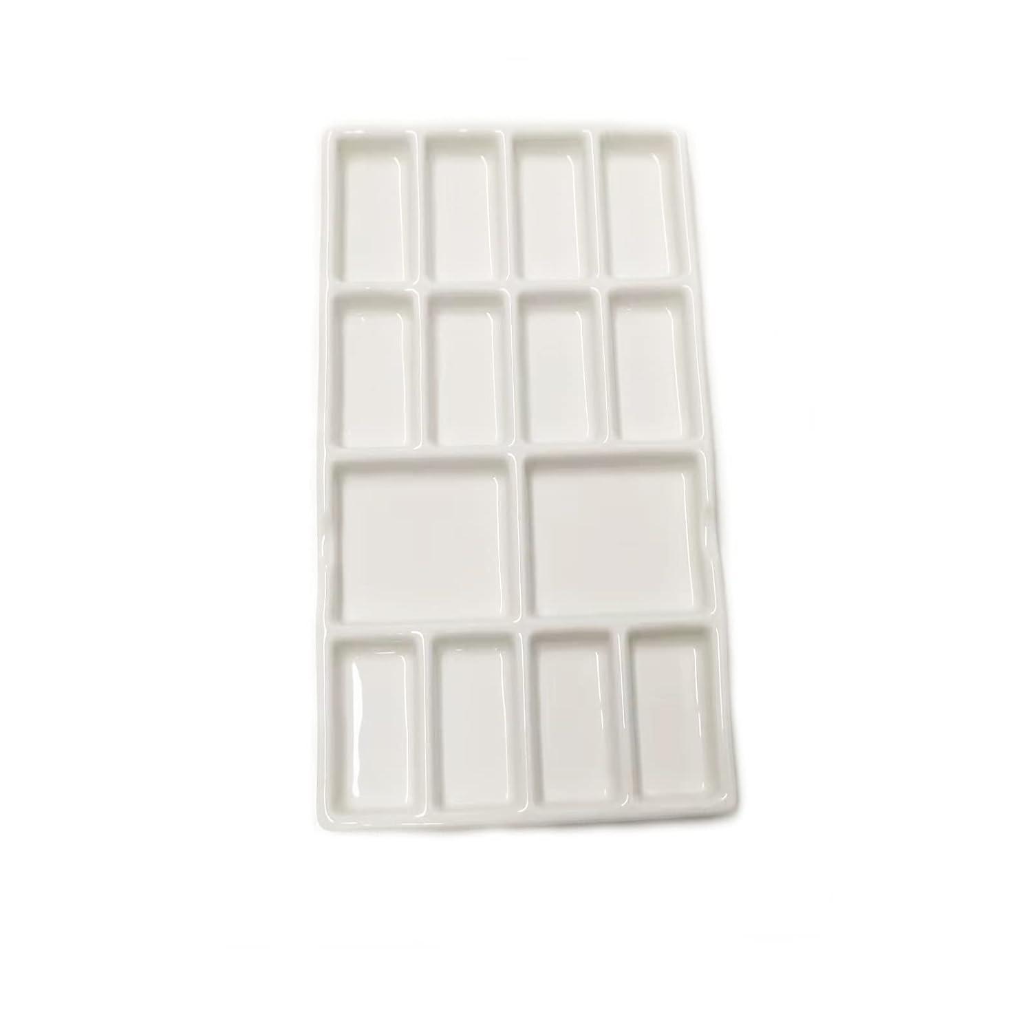 8 Inch 14 Wells Artist Ceramic Paint Palette, Rectangle Ceramic Watercolor Painting Mixing Tray for Watercolor Gouache Acrylic Oil Painting