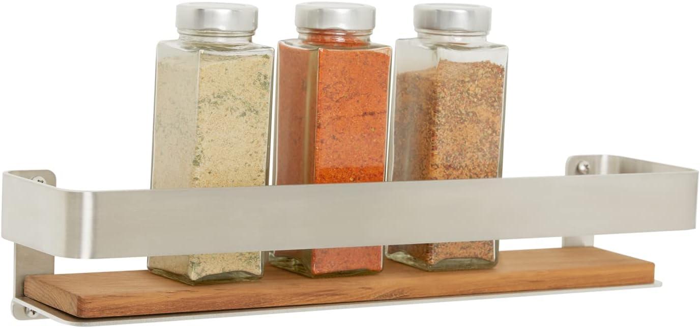 Seachrome Rectangular Shower Shelf with Rail in a Satin Finish and Natural Teak Wood Insert