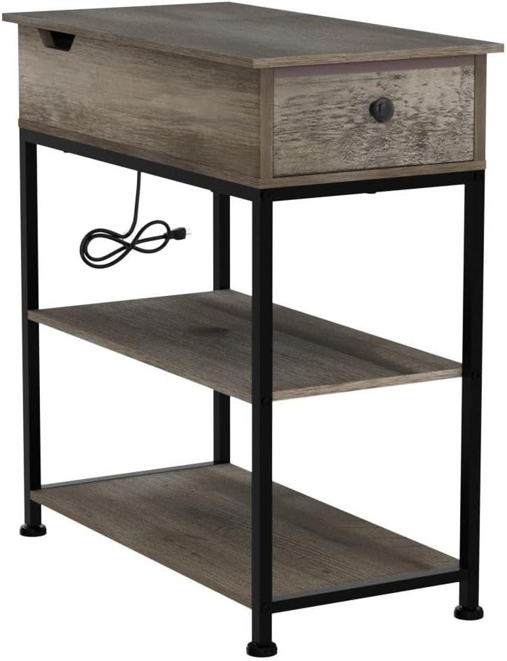 Greige Wood Narrow Side Table with USB Ports and Storage