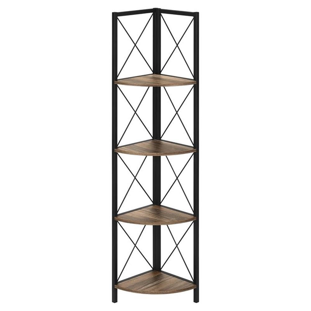 Monarch Specialties Bookshelf Bookcase Etagere Corner 4 Tier 60InchH Office Bedroom Metal Laminate Brown Black Contemporary Modern