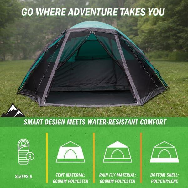 Wakeman Outdoors 6 Man Tent with Screen Room, Teal