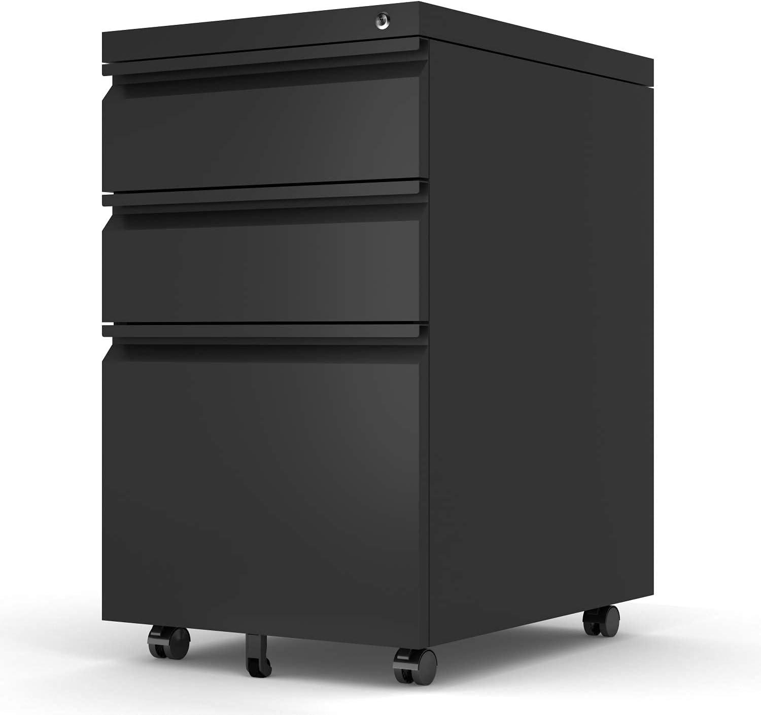 Black Mobile 3-Drawer Lockable Steel File Cabinet with Wheels