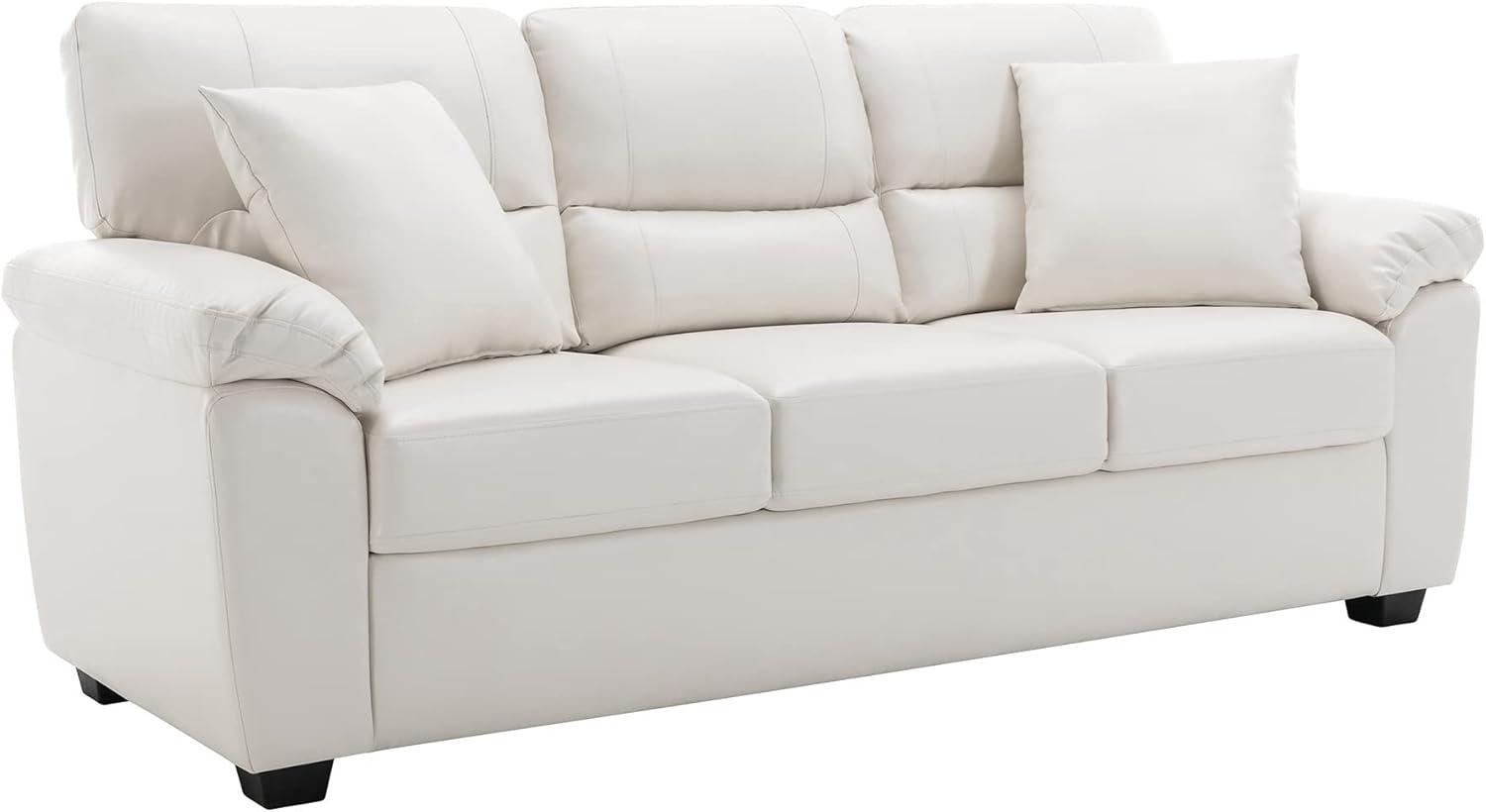 White Faux Leather Three-Seater Sofa with Removable Cushions