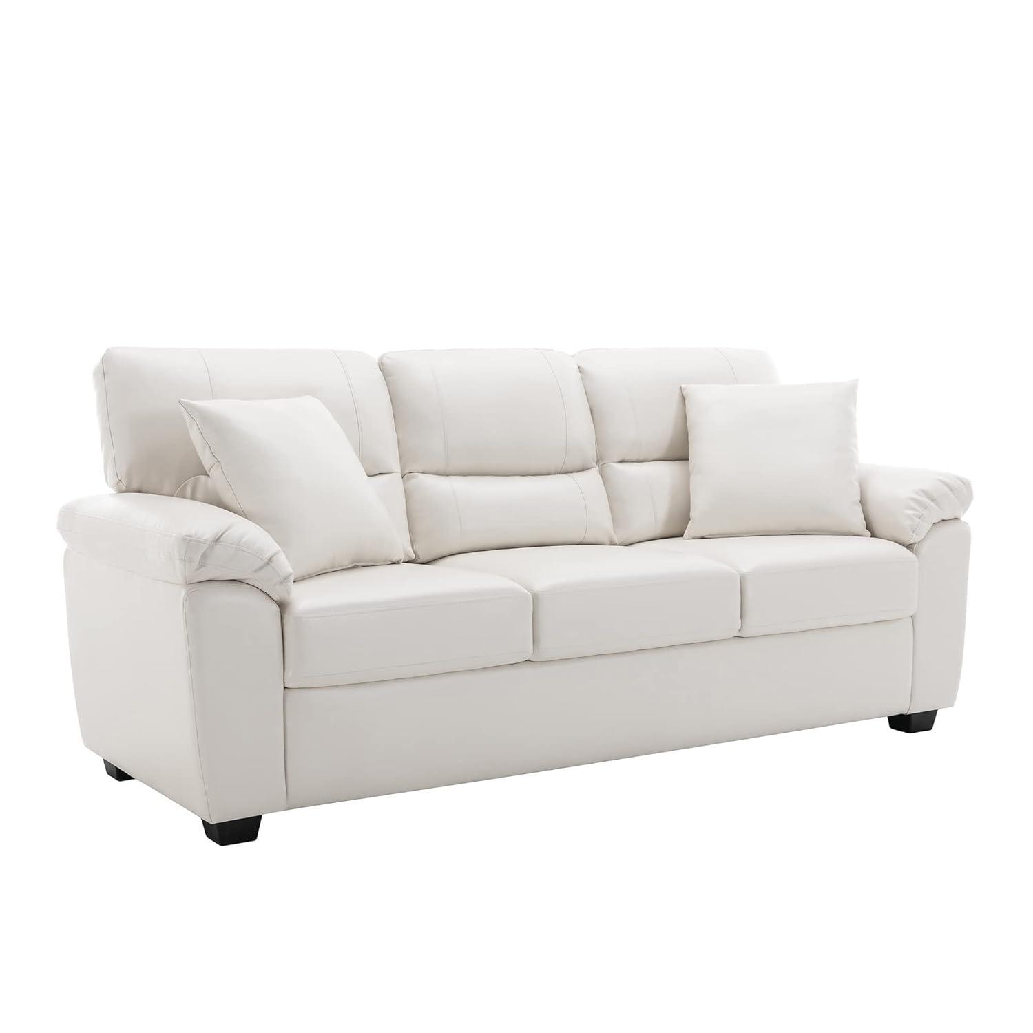 White Faux Leather Three-Seater Sofa with Removable Cushions