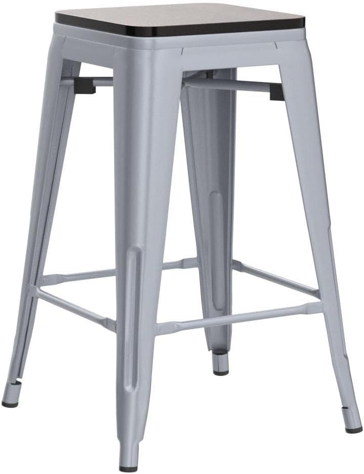 Drevy 26" Metal Counter Height Bar Stools Set of 4 Industrial Backless Kitchen Patio Counter Stool Stackable Barstools Wood Top-Silver