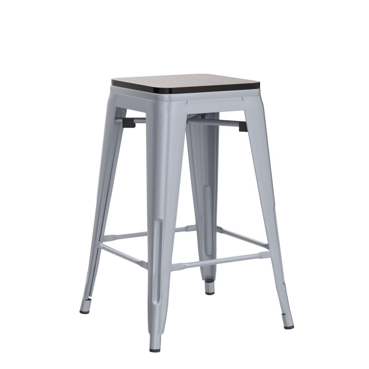 Drevy 26" Metal Counter Height Bar Stools Set of 4 Industrial Backless Kitchen Patio Counter Stool Stackable Barstools Wood Top-Silver