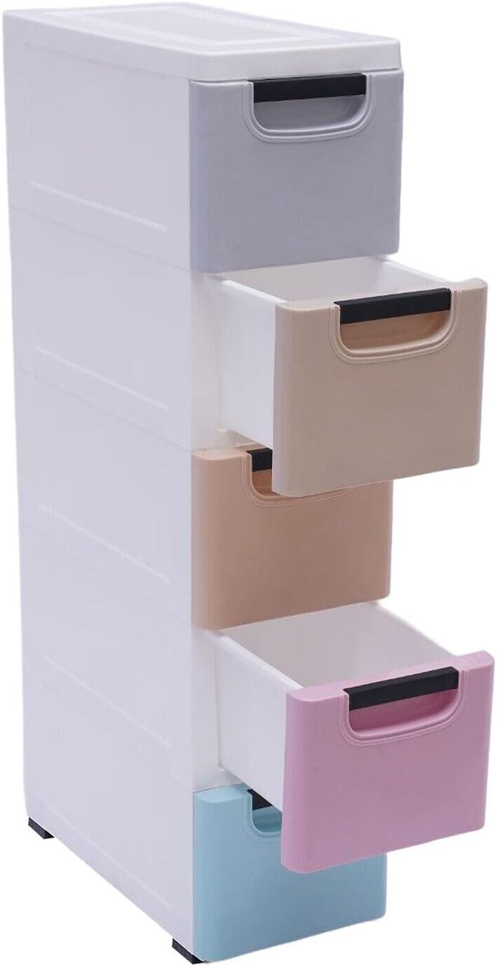 Peakora Plastic drawers dresser with 5 spacious drawers, transparent compartments, sturdy PP material, stackable design, easy to move with wheels, ideal for organizing clothes and accessories