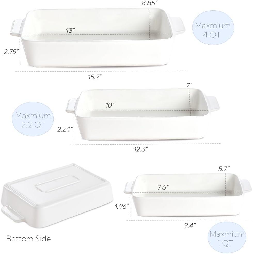 Baking Dish for Oven Casserole Dishes Bakeware Set With Ramekin Ceramic Lasagna Pan 9×12.8 Inch Large Deep Baking Dishes Rectangular Non-Stick Baking Pans for Kitchen Baking and Roasting White