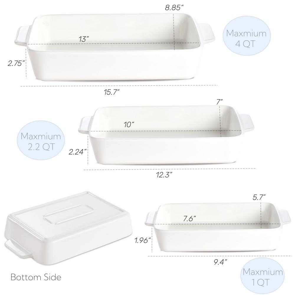 Baking Dish for Oven Casserole Dishes Bakeware Set With Ramekin Ceramic Lasagna Pan 9×12.8 Inch Large Deep Baking Dishes Rectangular Non-Stick Baking Pans for Kitchen Baking and Roasting White