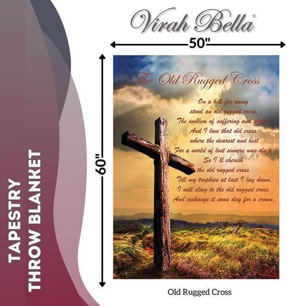 Virah Bella - Inspirational Tapestry Throw Blanket 50"x60" - Fringed Woven Tapestry Throw - Cozy & Beautiful Religious-Themed Blanket - Old Rugged Cross