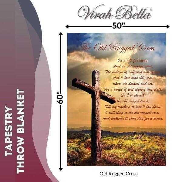 Virah Bella - Inspirational Tapestry Throw Blanket 50"x60" - Fringed Woven Tapestry Throw - Cozy & Beautiful Religious-Themed Blanket - Old Rugged Cross