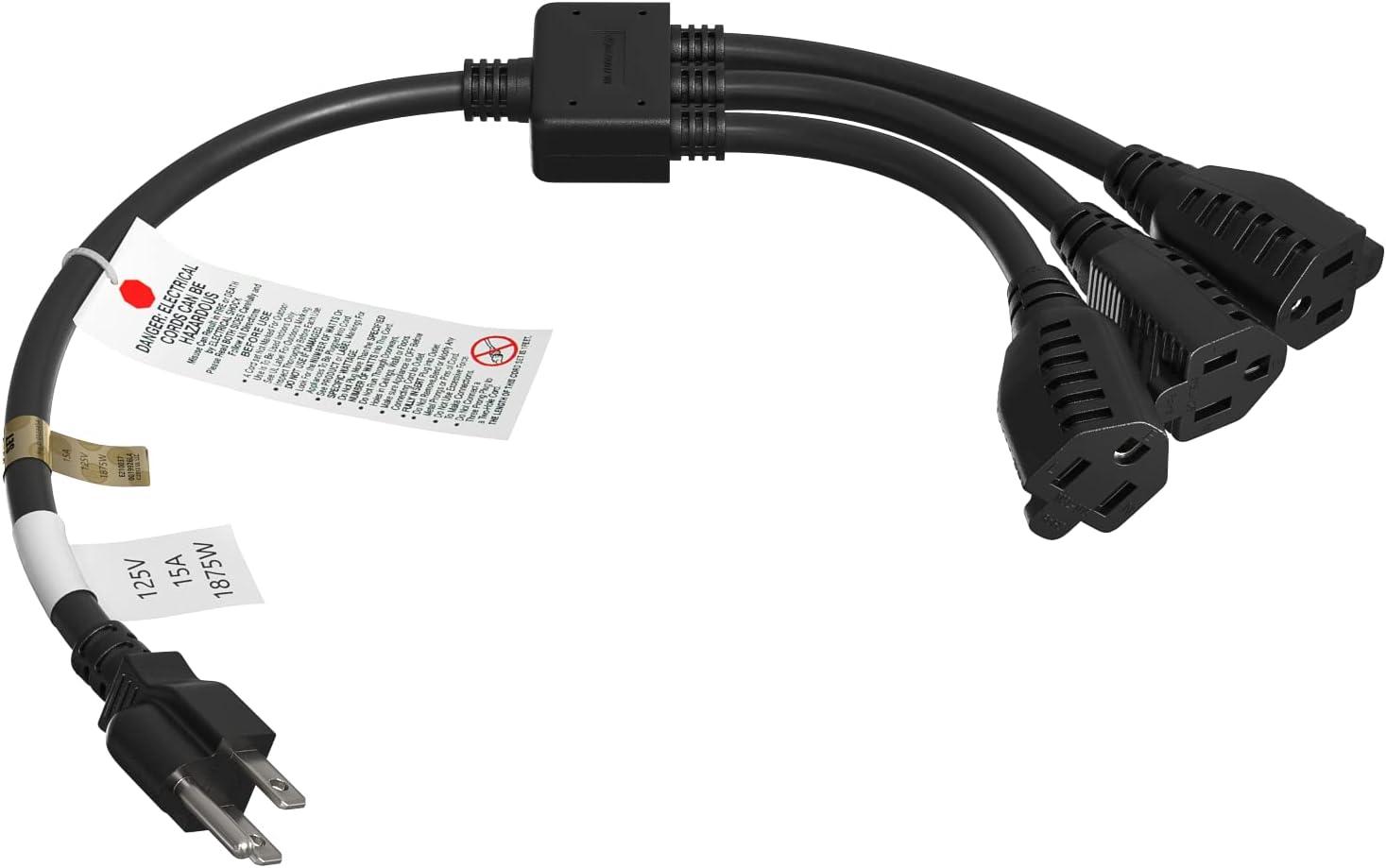 Black Heavy Duty 3-Outlet Power Extension Splitter Cord