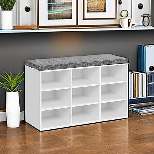 VASAGLE 9-Compartment Adjustable Shelves Storage Bench with Cushion, White and Gray