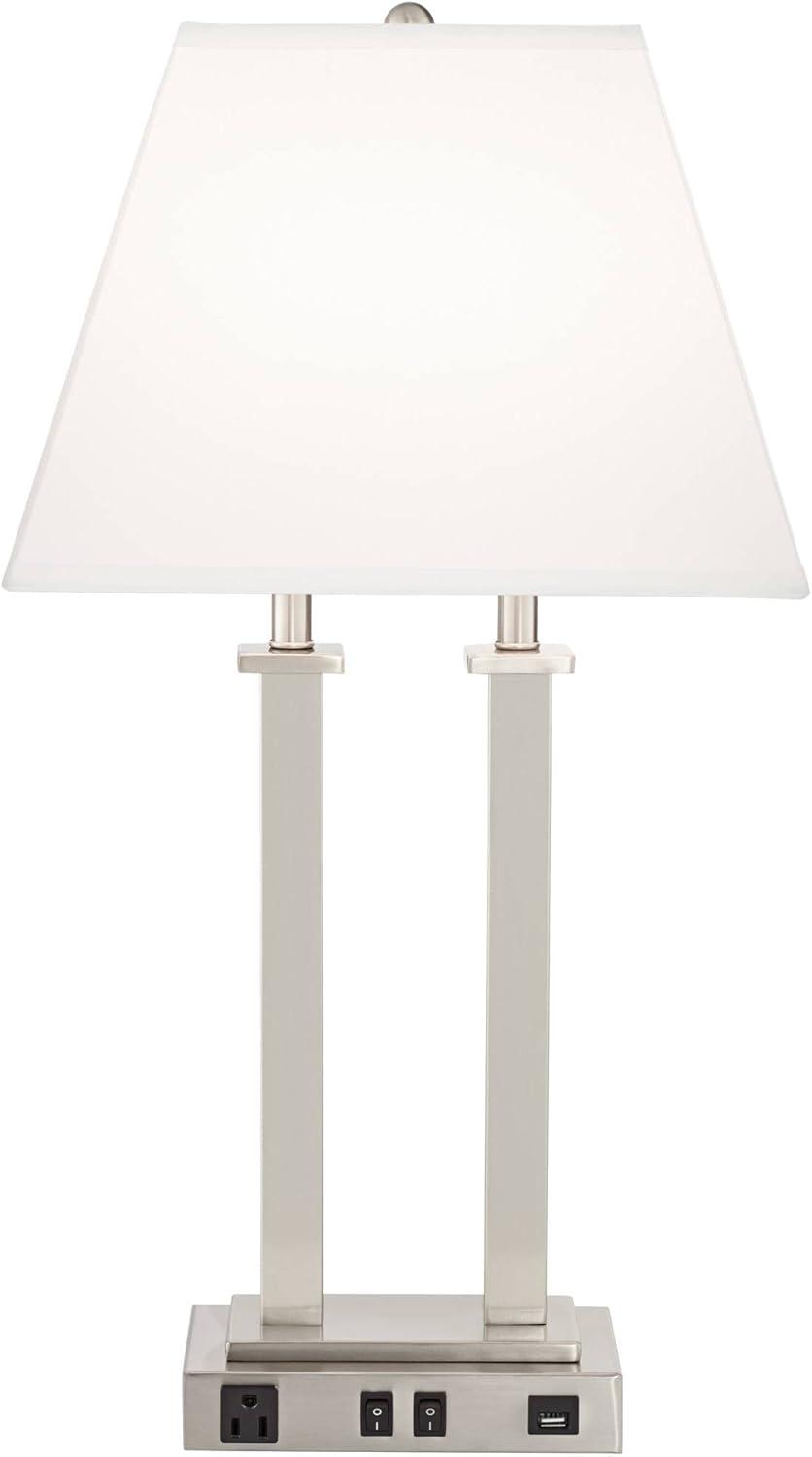 Possini Euro Design Amity Modern Table Lamp 26" High Brushed Nickel with USB and AC Power Outlet in Base White Linen Shade for Bedroom Bedside Desk